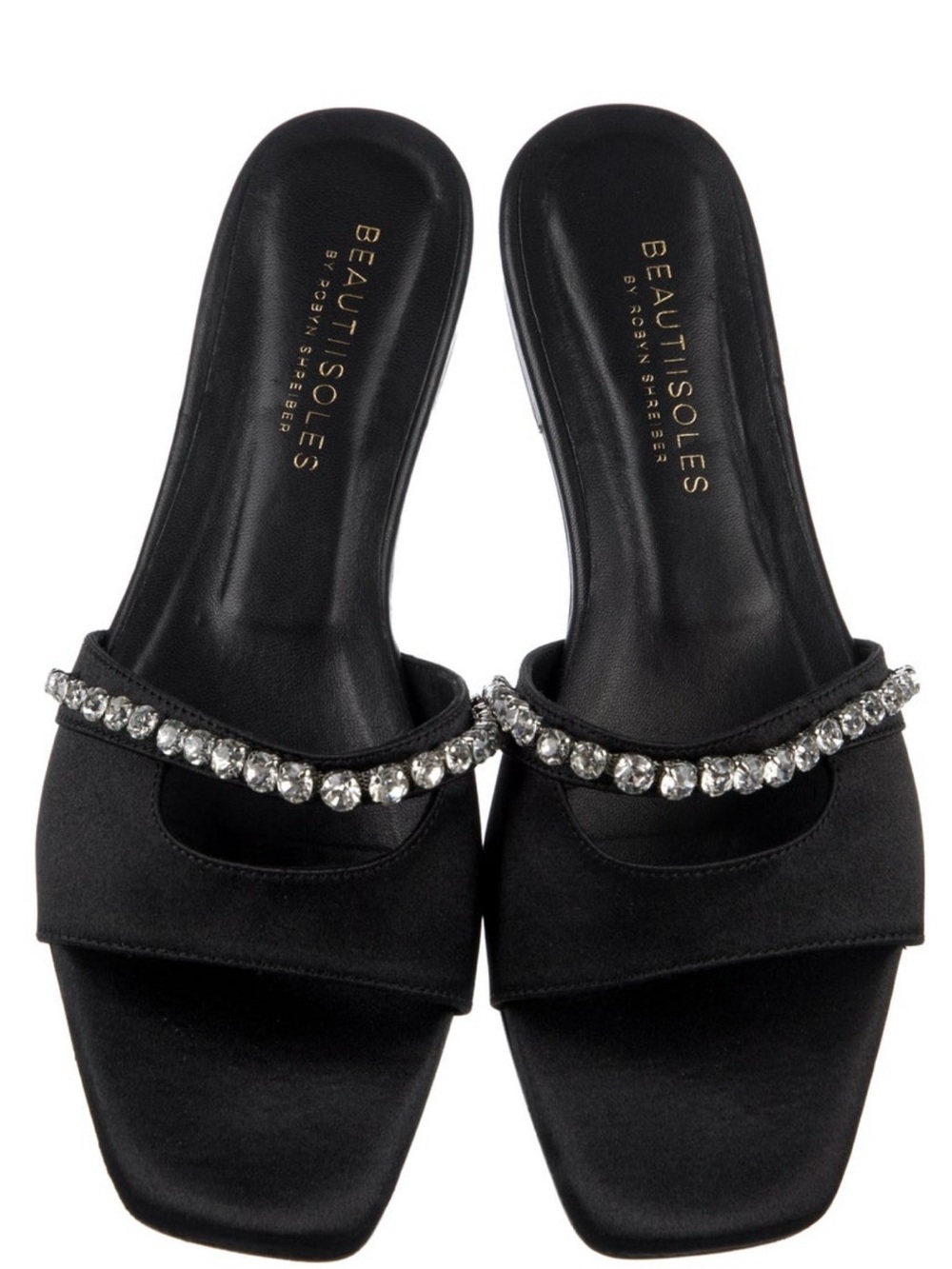 BEAUTIISOLES BY ROBYN SHREIBER Black satin Jeweled Genna Slide Sandals FLATS